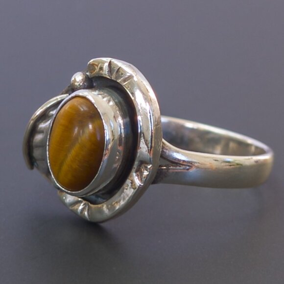 Vintage Mexico Sterling Tiger’s Eye Ring – Leaf & Bead Detail, Size 5.5 - Picture 3 of 8